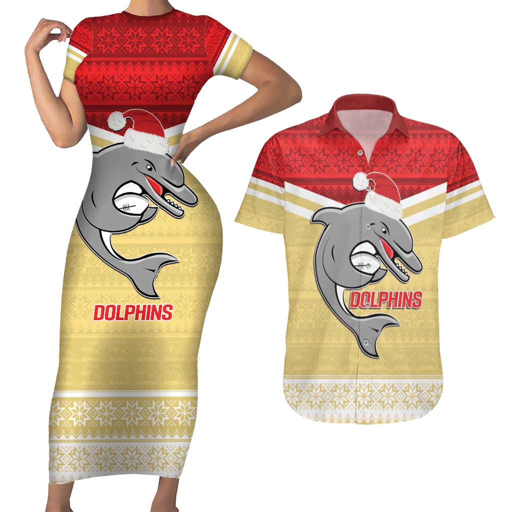 NRL Dolphins Mascot Christmas Personalised Couples Matching Short Sleeve Bodycon Dress and Hawaiian Shirt God Style