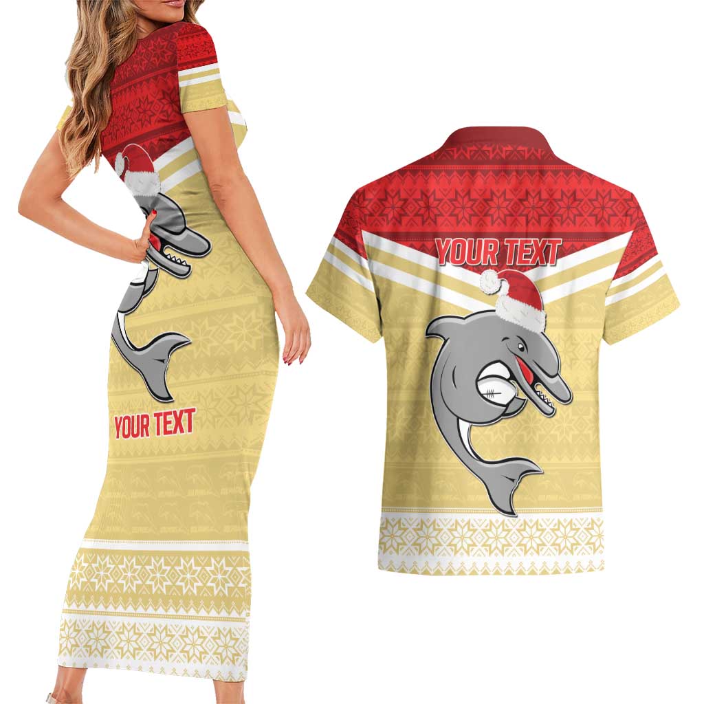 NRL Dolphins Mascot Christmas Personalised Couples Matching Short Sleeve Bodycon Dress and Hawaiian Shirt God Style