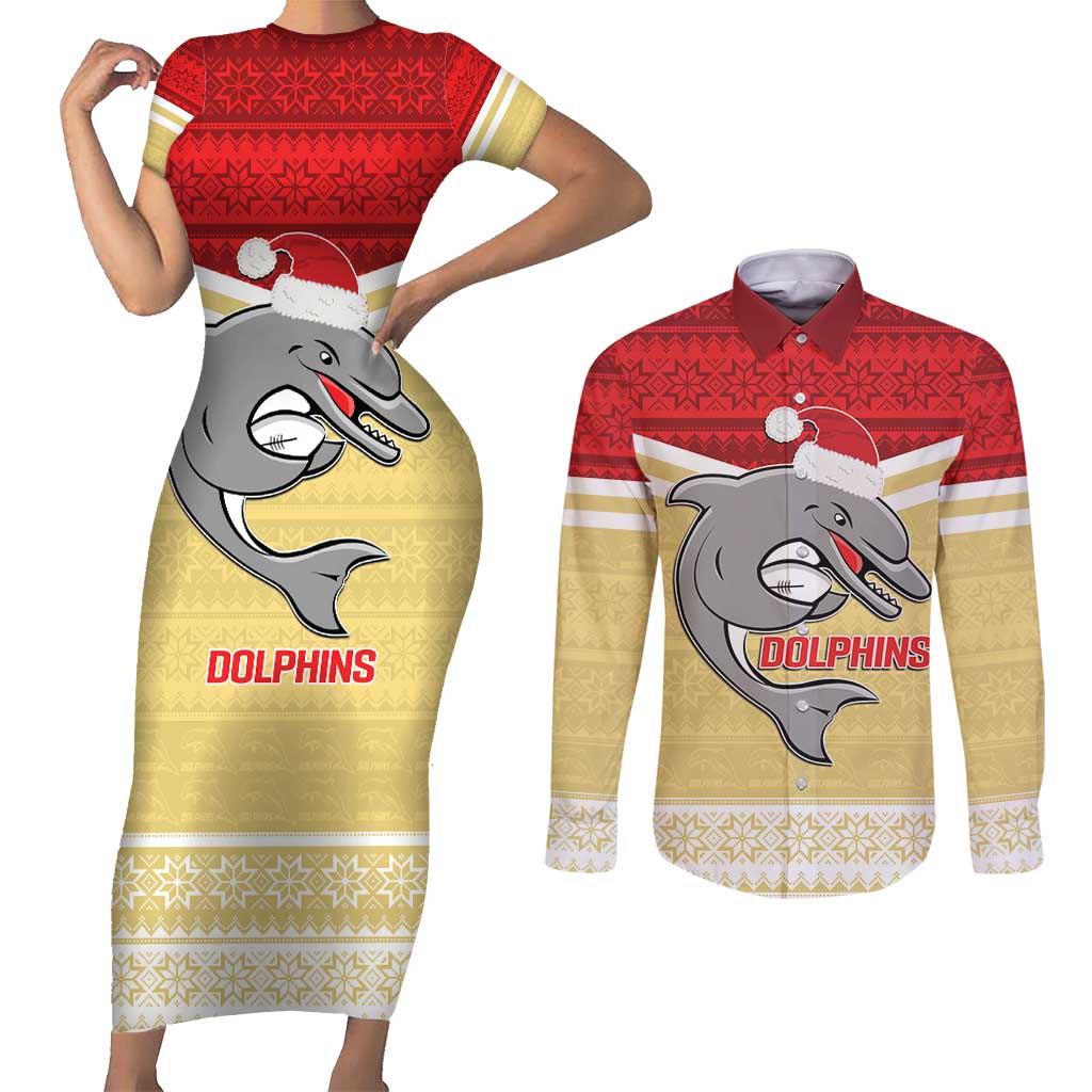 NRL Dolphins Mascot Christmas Personalised Couples Matching Short Sleeve Bodycon Dress and Long Sleeve Button Shirt God Style