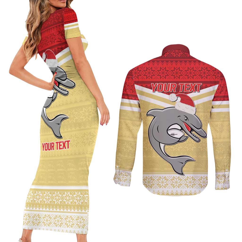 NRL Dolphins Mascot Christmas Personalised Couples Matching Short Sleeve Bodycon Dress and Long Sleeve Button Shirt God Style