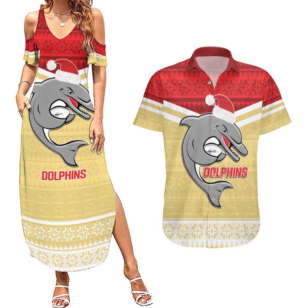 NRL Dolphins Mascot Christmas Personalised Couples Matching Summer Maxi Dress and Hawaiian Shirt God Style