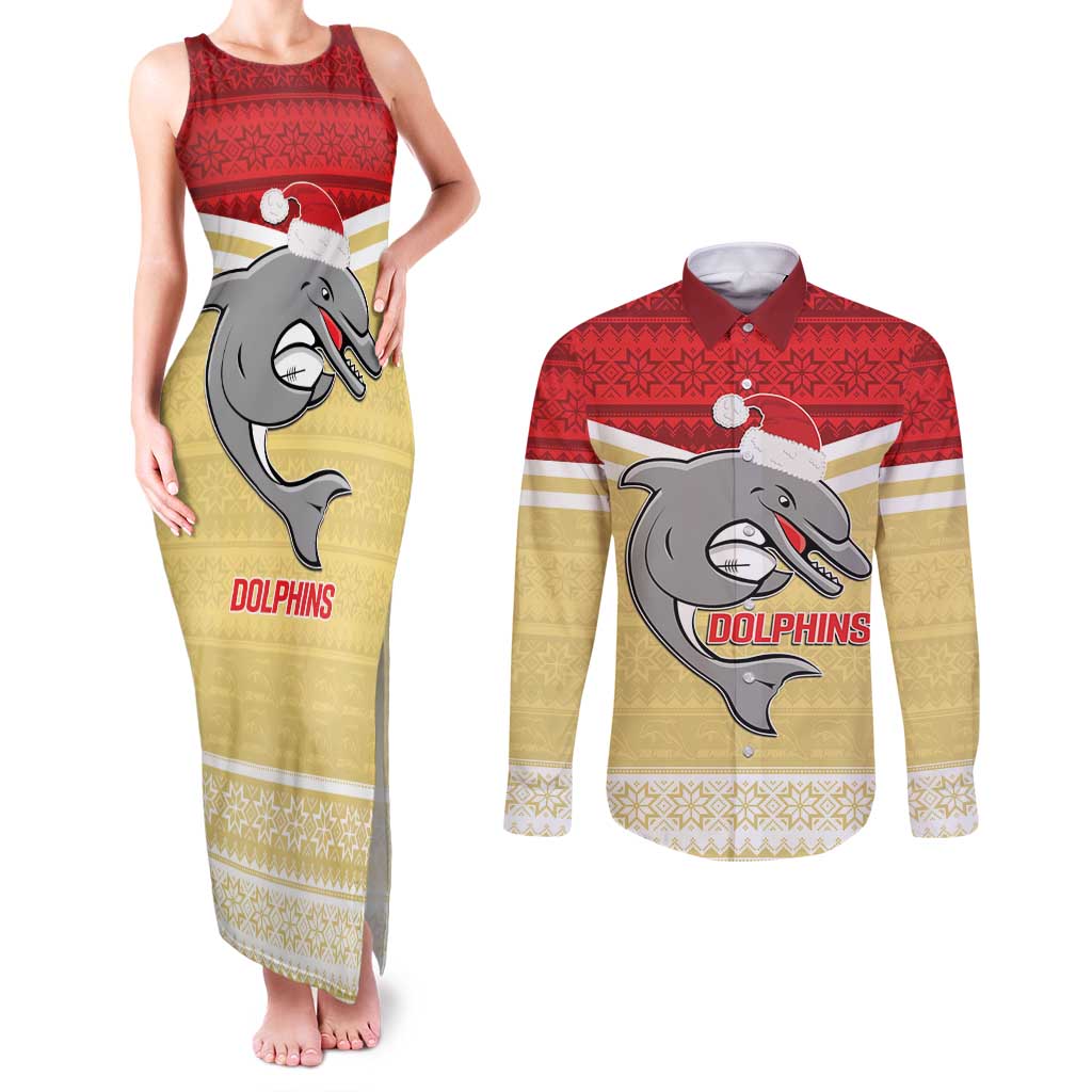 NRL Dolphins Mascot Christmas Personalised Couples Matching Tank Maxi Dress and Long Sleeve Button Shirt God Style