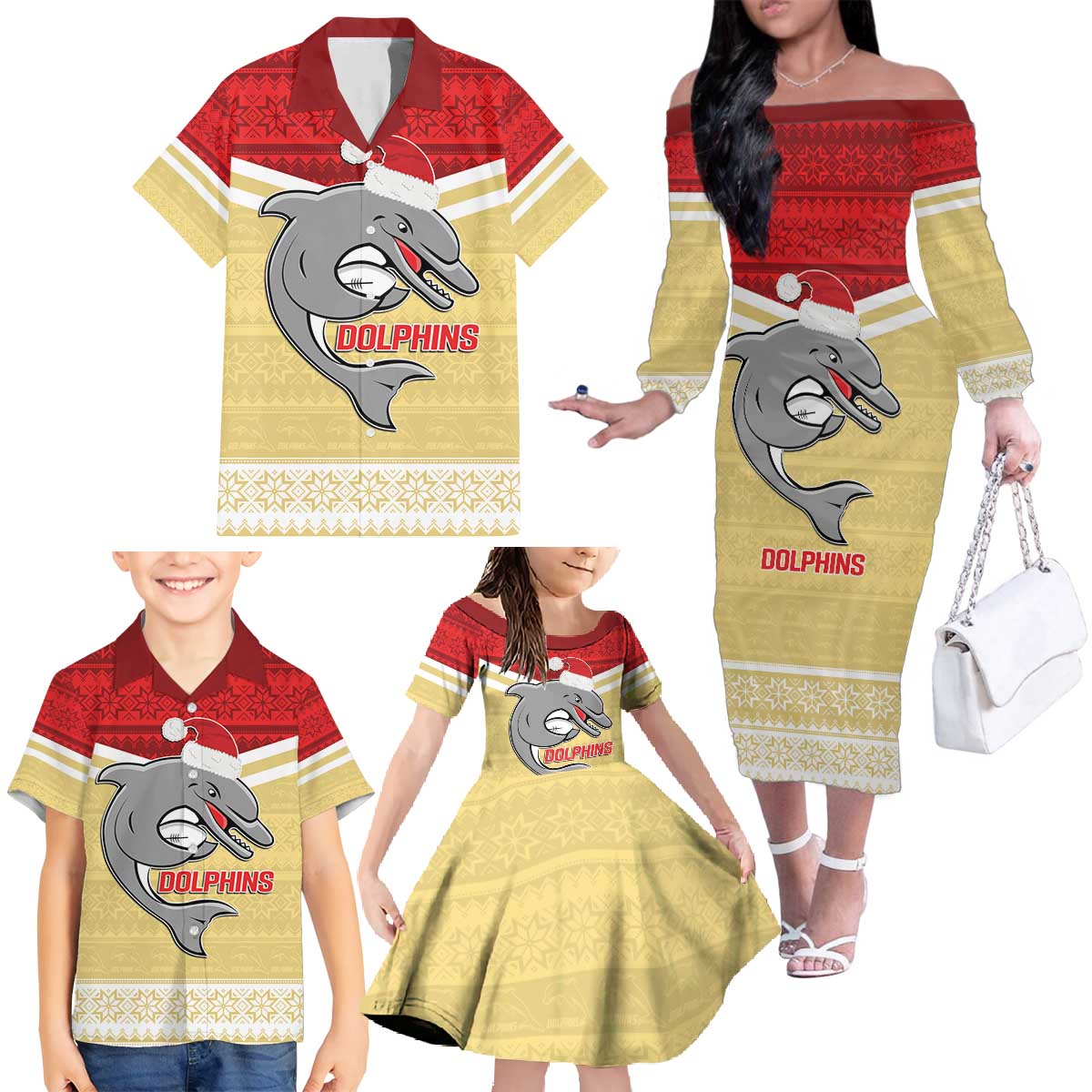 NRL Dolphins Mascot Christmas Personalised Family Matching Off The Shoulder Long Sleeve Dress and Hawaiian Shirt God Style