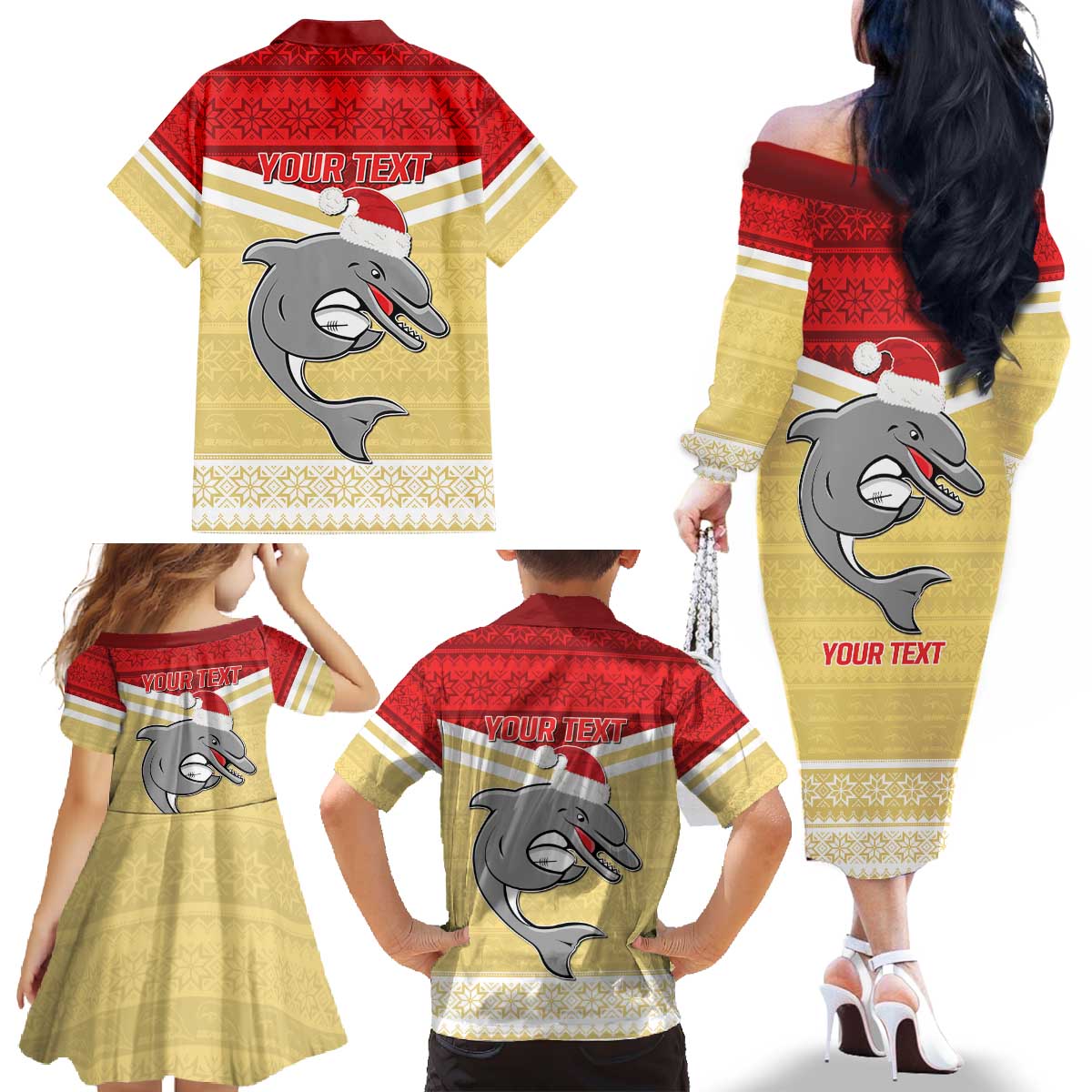 NRL Dolphins Mascot Christmas Personalised Family Matching Off The Shoulder Long Sleeve Dress and Hawaiian Shirt God Style
