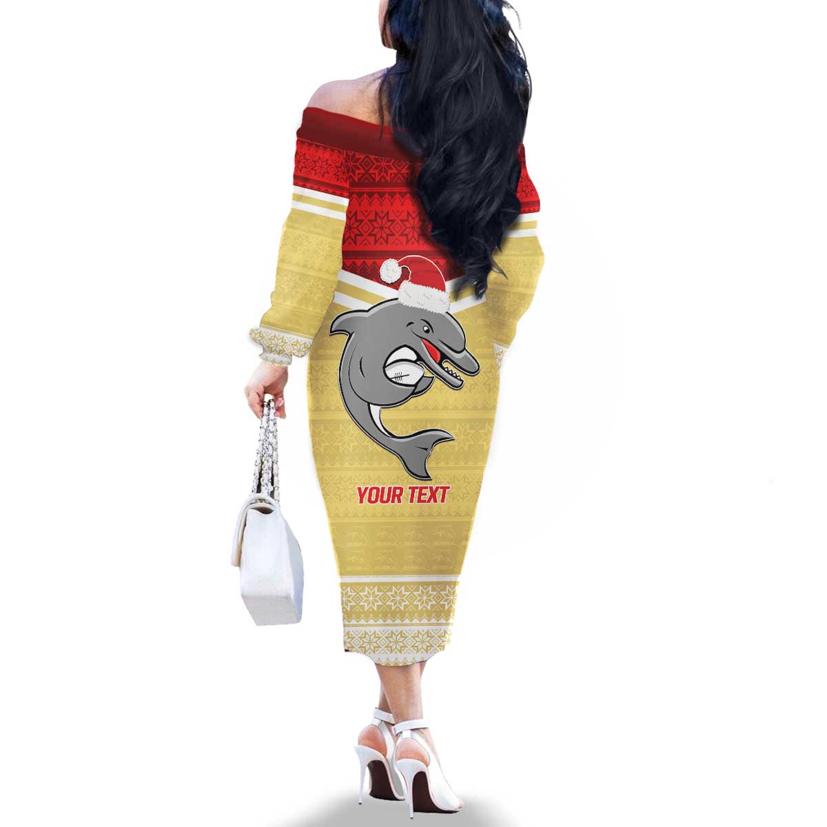 NRL Dolphins Mascot Christmas Personalised Family Matching Off The Shoulder Long Sleeve Dress and Hawaiian Shirt God Style