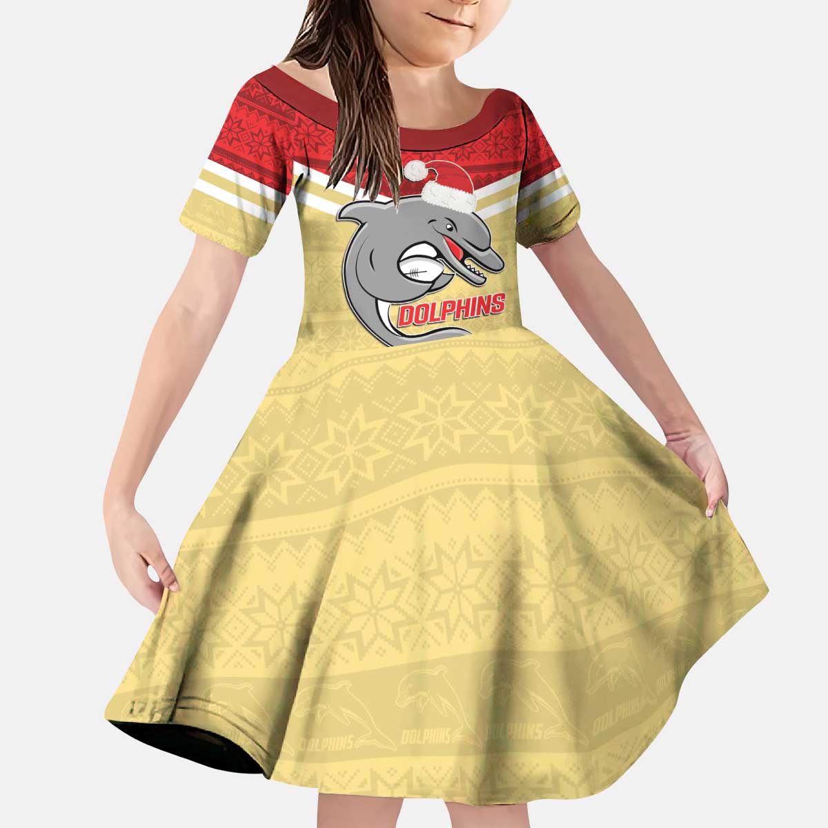 NRL Dolphins Mascot Christmas Personalised Kid Short Sleeve Dress God Style