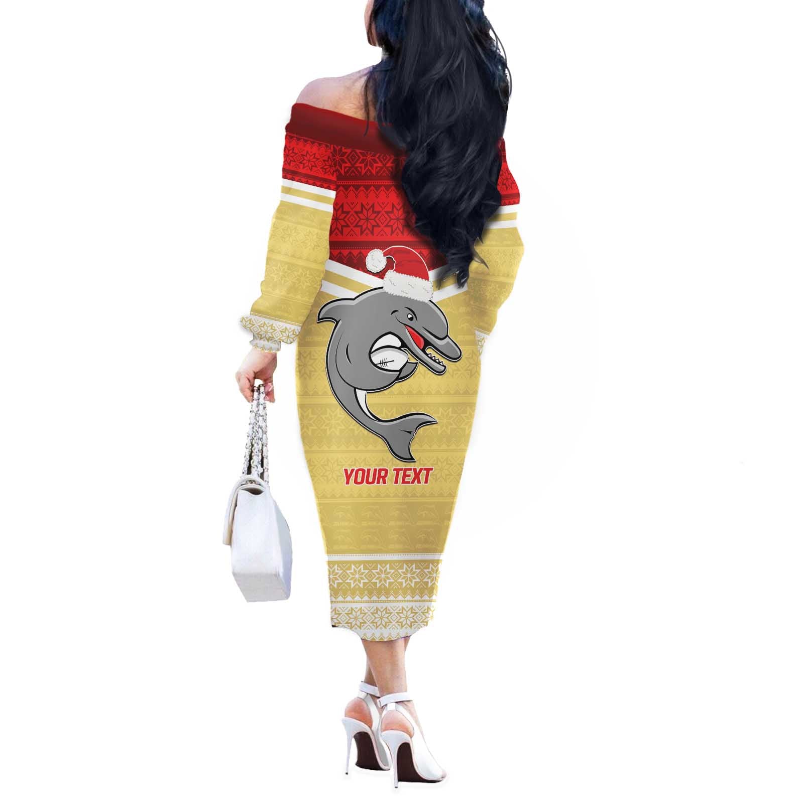 NRL Dolphins Mascot Christmas Personalised Off The Shoulder Long Sleeve Dress God Style