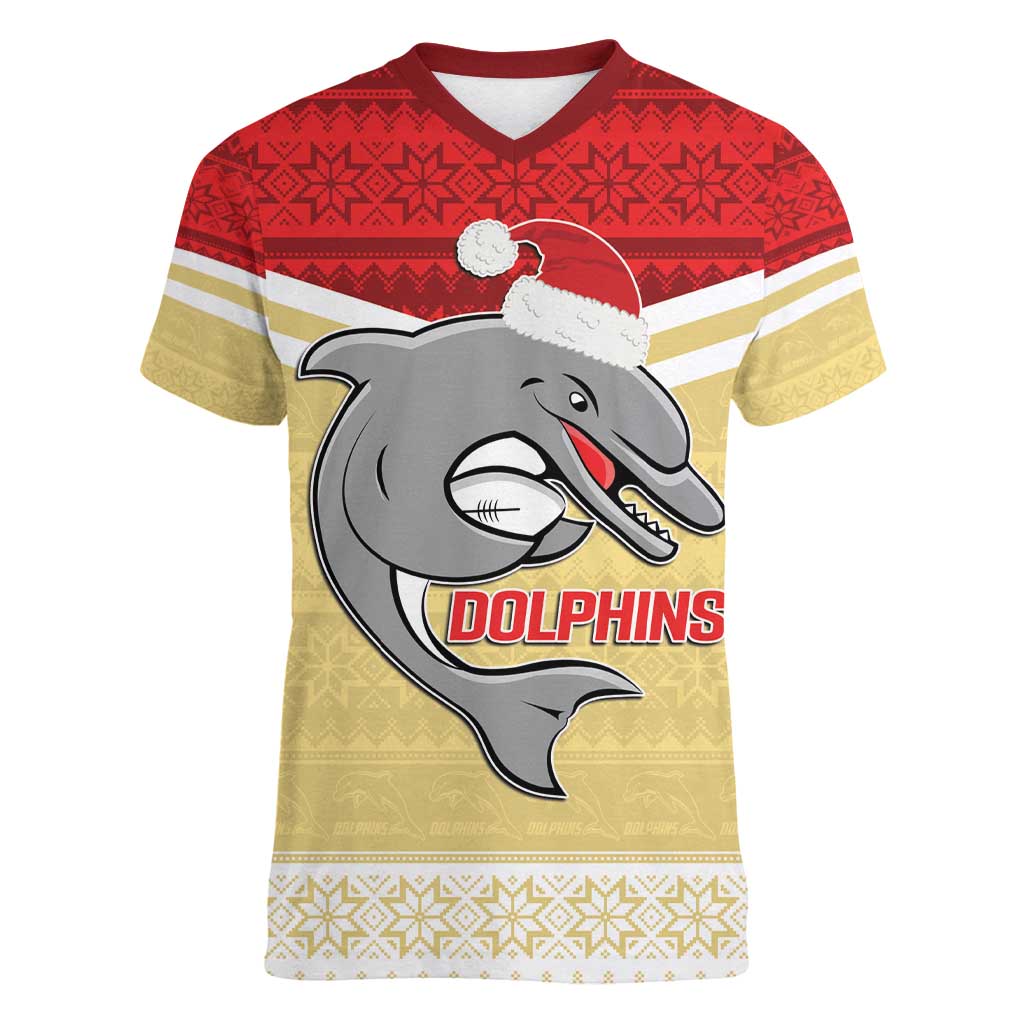 NRL Dolphins Mascot Christmas Personalised Women V-Neck T-Shirt God Style