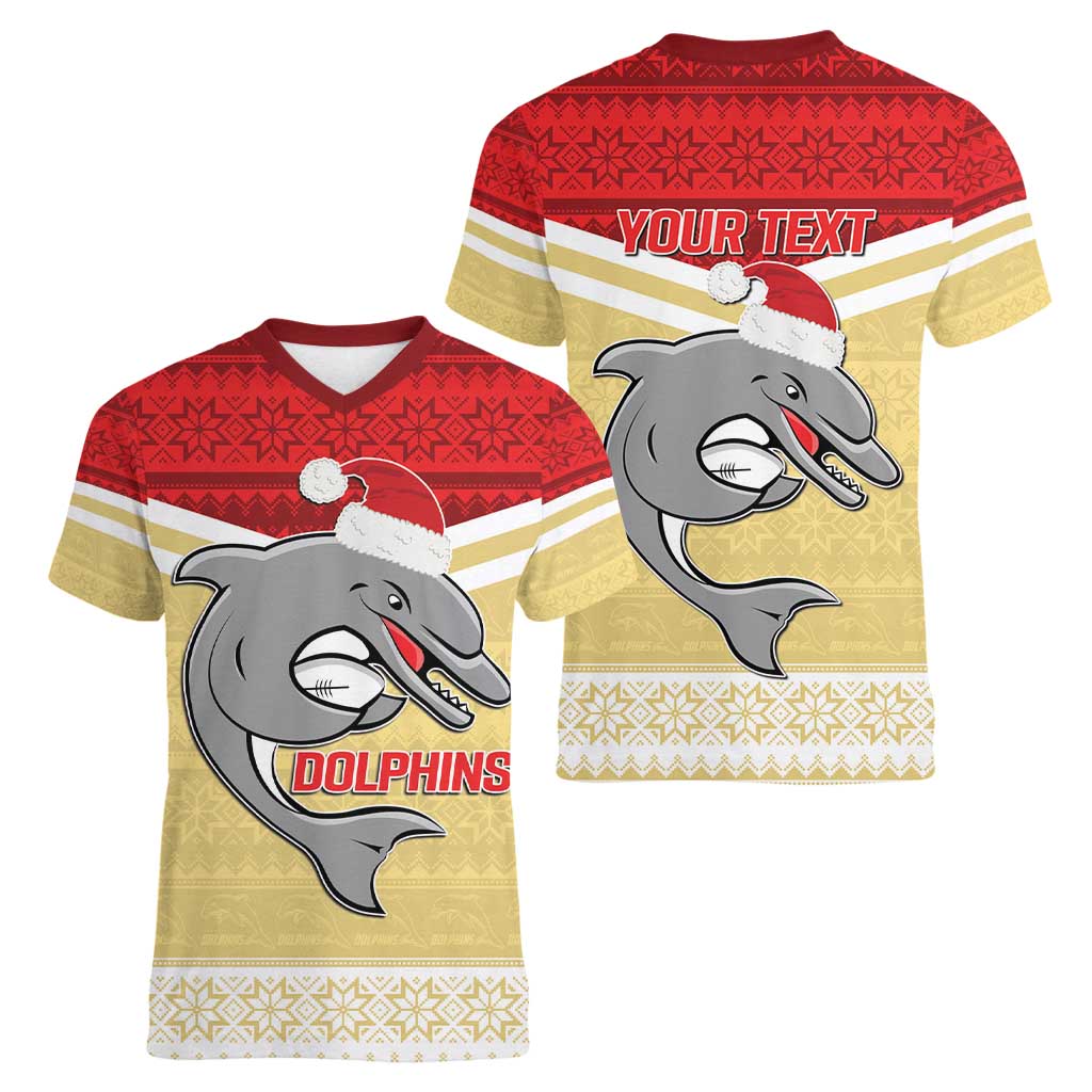 NRL Dolphins Mascot Christmas Personalised Women V-Neck T-Shirt God Style