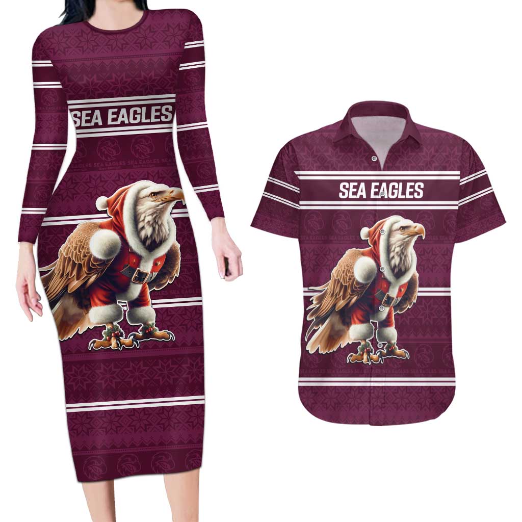 NRL Manly Warringah Christmas Personalised Couples Matching Long Sleeve Bodycon Dress and Hawaiian Shirt with Sea Eagles Mascot