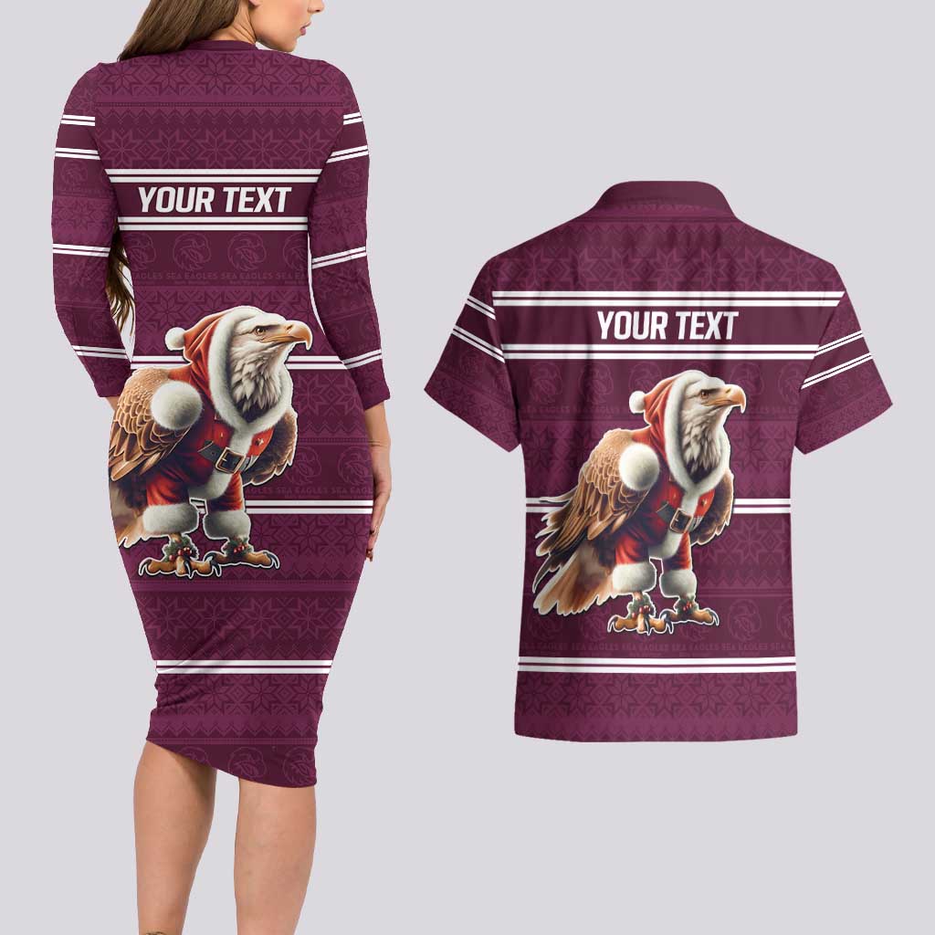 NRL Manly Warringah Christmas Personalised Couples Matching Long Sleeve Bodycon Dress and Hawaiian Shirt with Sea Eagles Mascot