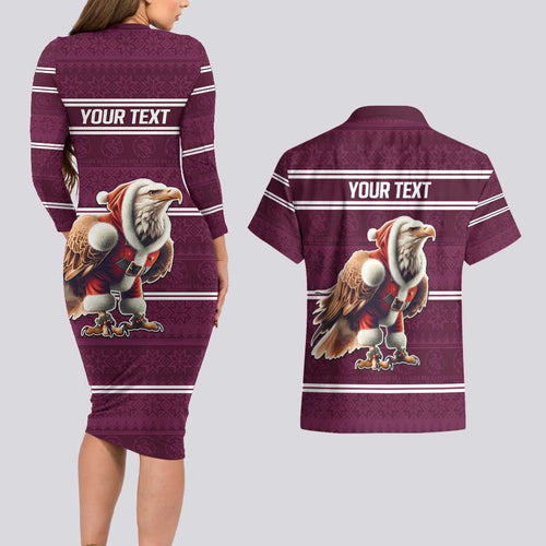 NRL Manly Warringah Christmas Personalised Couples Matching Long Sleeve Bodycon Dress and Hawaiian Shirt with Sea Eagles Mascot