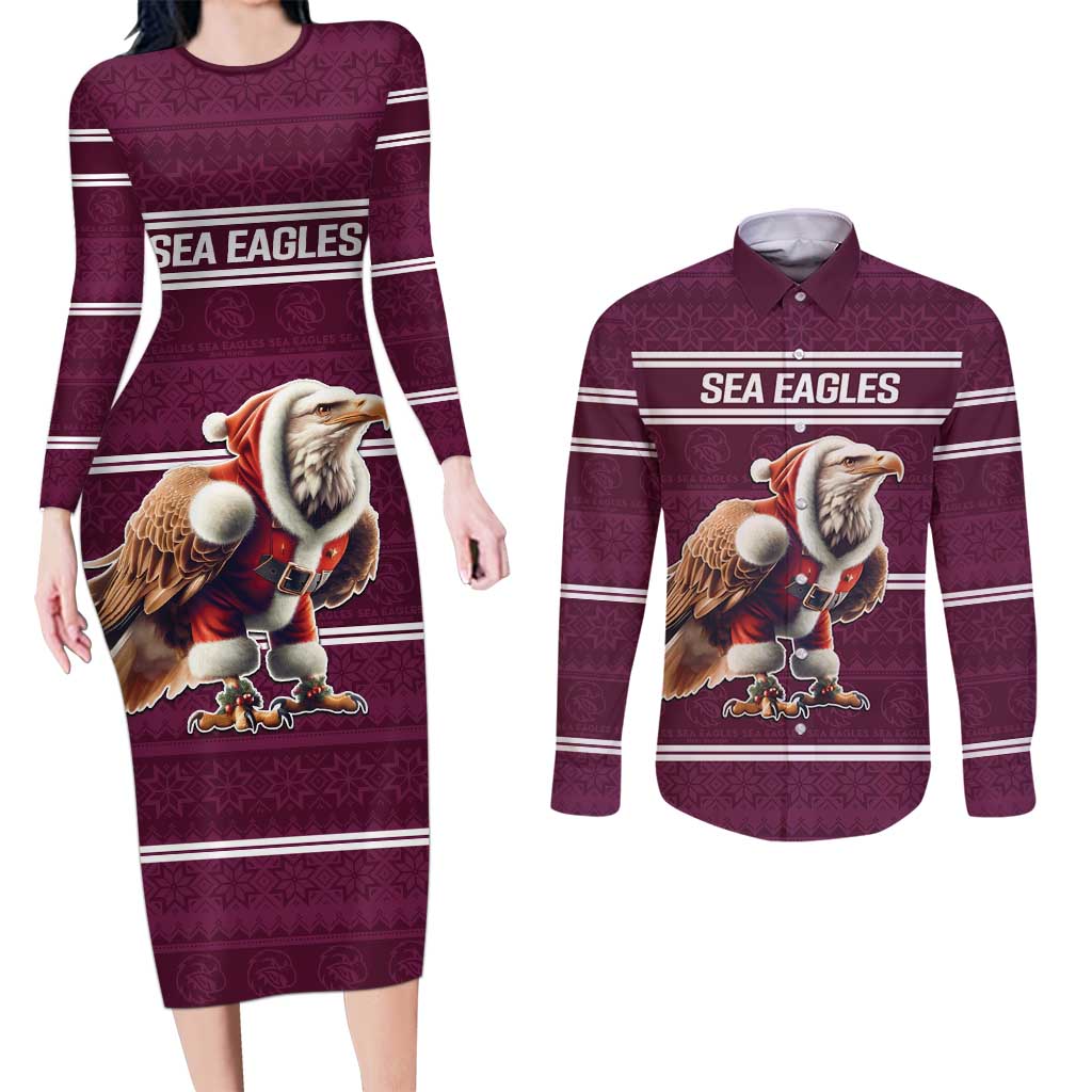 NRL Manly Warringah Christmas Personalised Couples Matching Long Sleeve Bodycon Dress and Long Sleeve Button Shirt with Sea Eagles Mascot