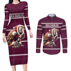 NRL Manly Warringah Christmas Personalised Couples Matching Long Sleeve Bodycon Dress and Long Sleeve Button Shirt with Sea Eagles Mascot