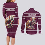 NRL Manly Warringah Christmas Personalised Couples Matching Long Sleeve Bodycon Dress and Long Sleeve Button Shirt with Sea Eagles Mascot