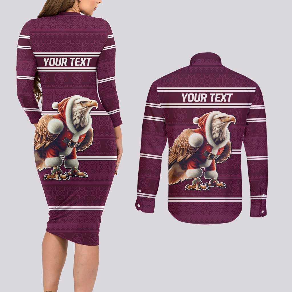 NRL Manly Warringah Christmas Personalised Couples Matching Long Sleeve Bodycon Dress and Long Sleeve Button Shirt with Sea Eagles Mascot