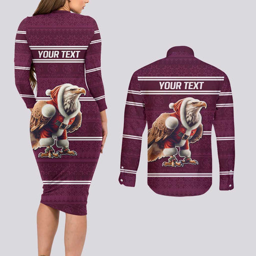 NRL Manly Warringah Christmas Personalised Couples Matching Long Sleeve Bodycon Dress and Long Sleeve Button Shirt with Sea Eagles Mascot