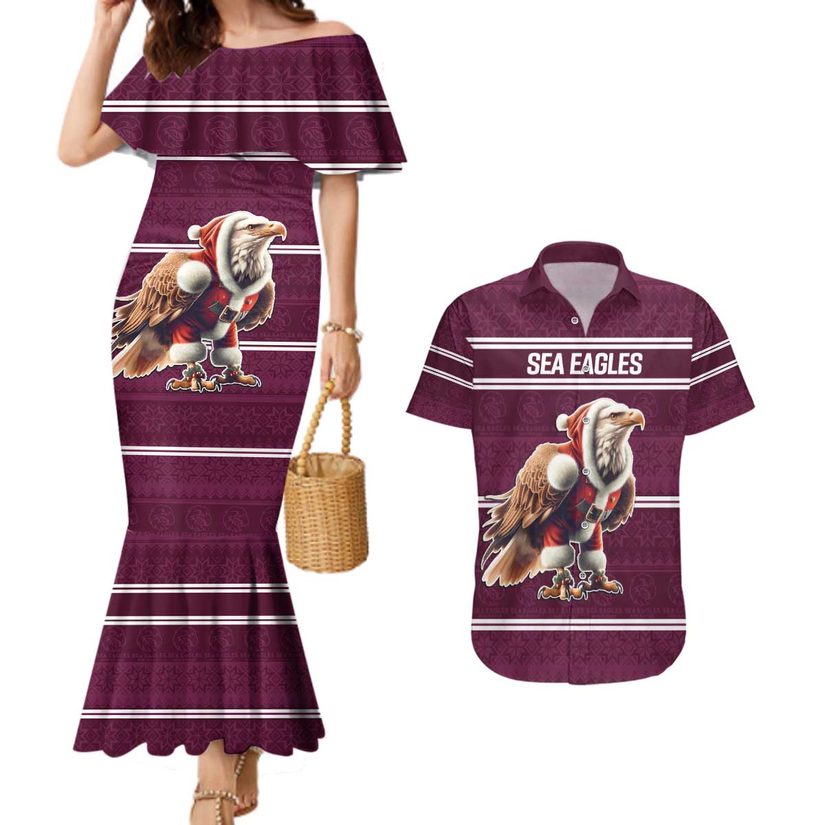 NRL Manly Warringah Christmas Personalised Couples Matching Mermaid Dress and Hawaiian Shirt with Sea Eagles Mascot