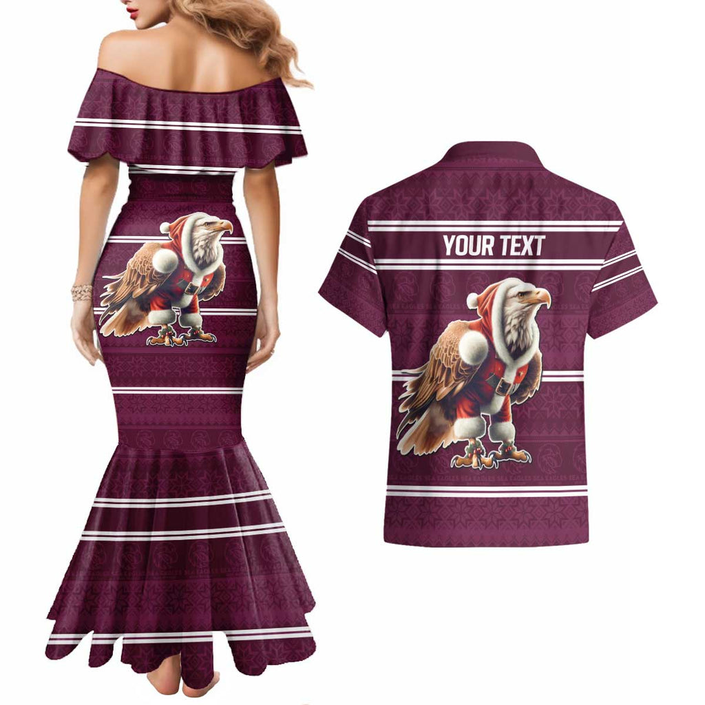 NRL Manly Warringah Christmas Personalised Couples Matching Mermaid Dress and Hawaiian Shirt with Sea Eagles Mascot