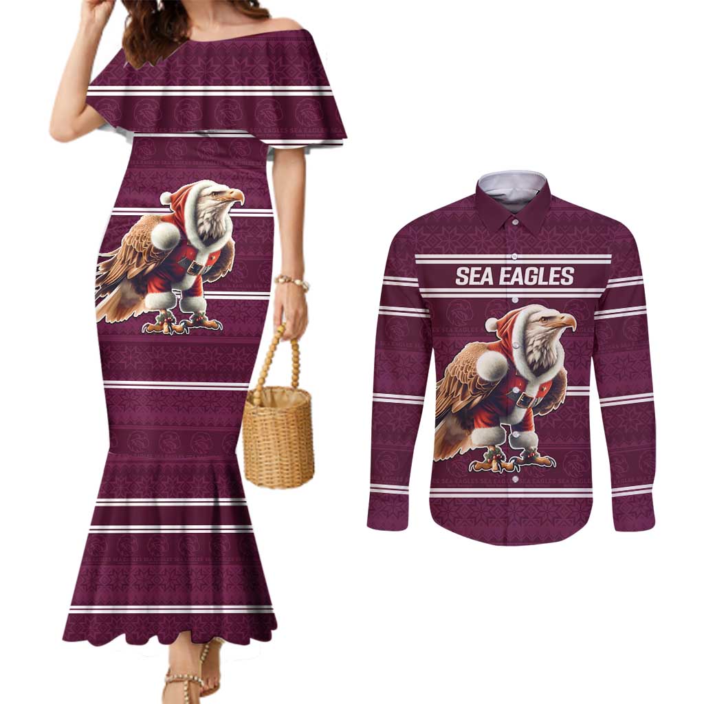 NRL Manly Warringah Christmas Personalised Couples Matching Mermaid Dress and Long Sleeve Button Shirt with Sea Eagles Mascot