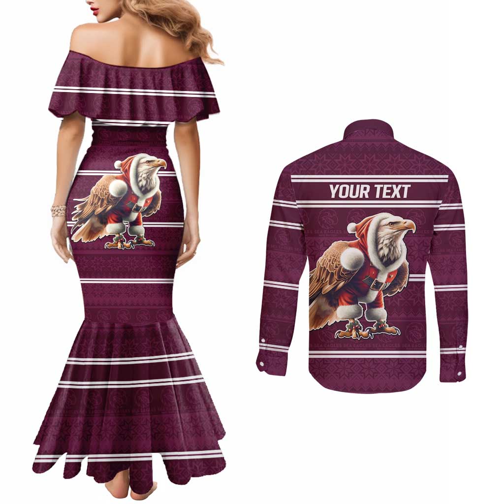 NRL Manly Warringah Christmas Personalised Couples Matching Mermaid Dress and Long Sleeve Button Shirt with Sea Eagles Mascot
