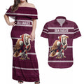 NRL Manly Warringah Christmas Personalised Couples Matching Off Shoulder Maxi Dress and Hawaiian Shirt with Sea Eagles Mascot