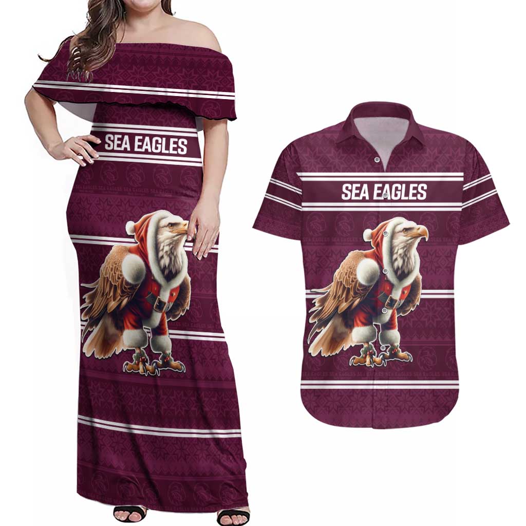 NRL Manly Warringah Christmas Personalised Couples Matching Off Shoulder Maxi Dress and Hawaiian Shirt with Sea Eagles Mascot