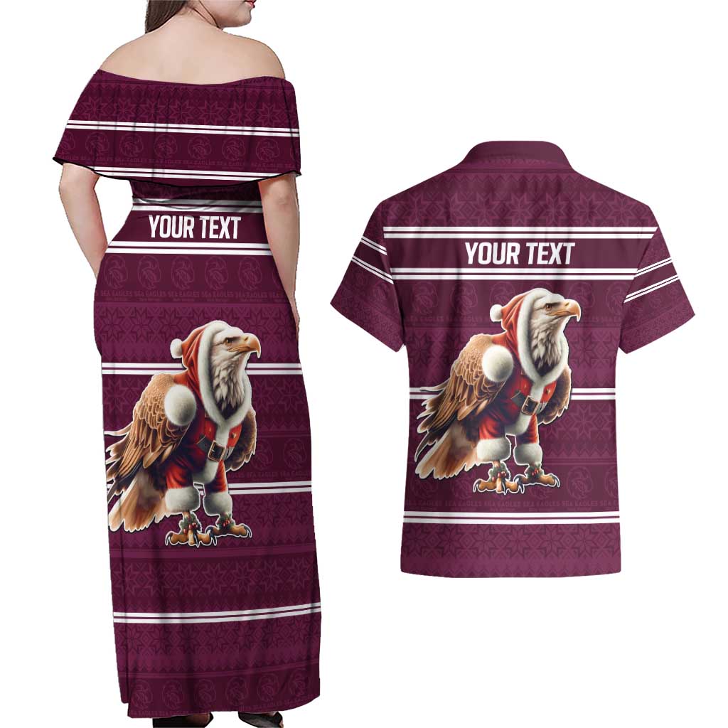 NRL Manly Warringah Christmas Personalised Couples Matching Off Shoulder Maxi Dress and Hawaiian Shirt with Sea Eagles Mascot
