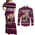 NRL Manly Warringah Christmas Personalised Couples Matching Off Shoulder Maxi Dress and Long Sleeve Button Shirt with Sea Eagles Mascot
