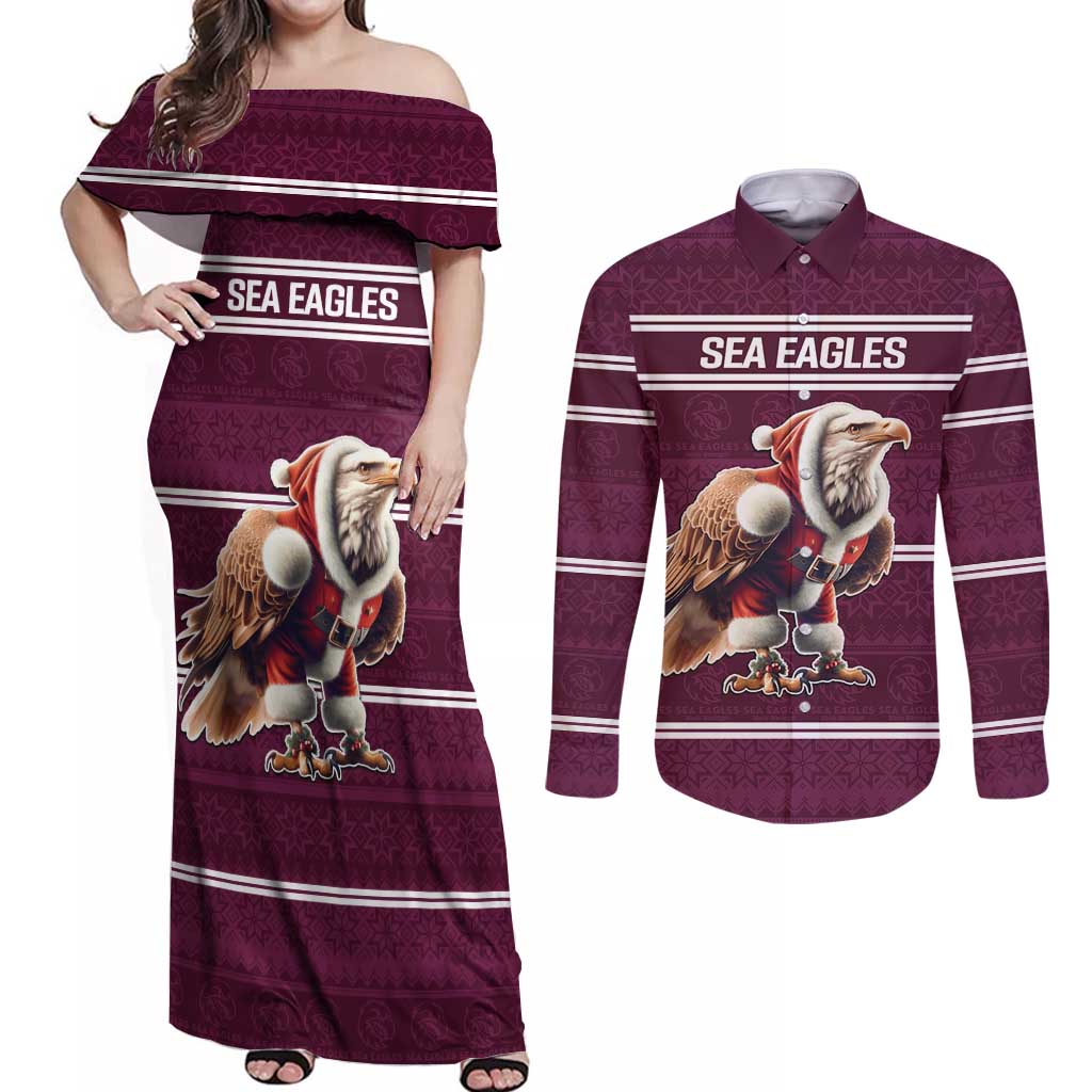 NRL Manly Warringah Christmas Personalised Couples Matching Off Shoulder Maxi Dress and Long Sleeve Button Shirt with Sea Eagles Mascot