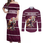 NRL Manly Warringah Christmas Personalised Couples Matching Off Shoulder Maxi Dress and Long Sleeve Button Shirt with Sea Eagles Mascot