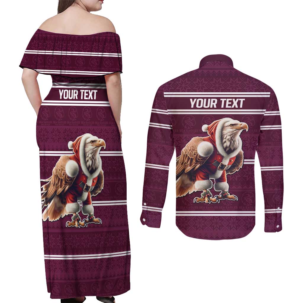 NRL Manly Warringah Christmas Personalised Couples Matching Off Shoulder Maxi Dress and Long Sleeve Button Shirt with Sea Eagles Mascot