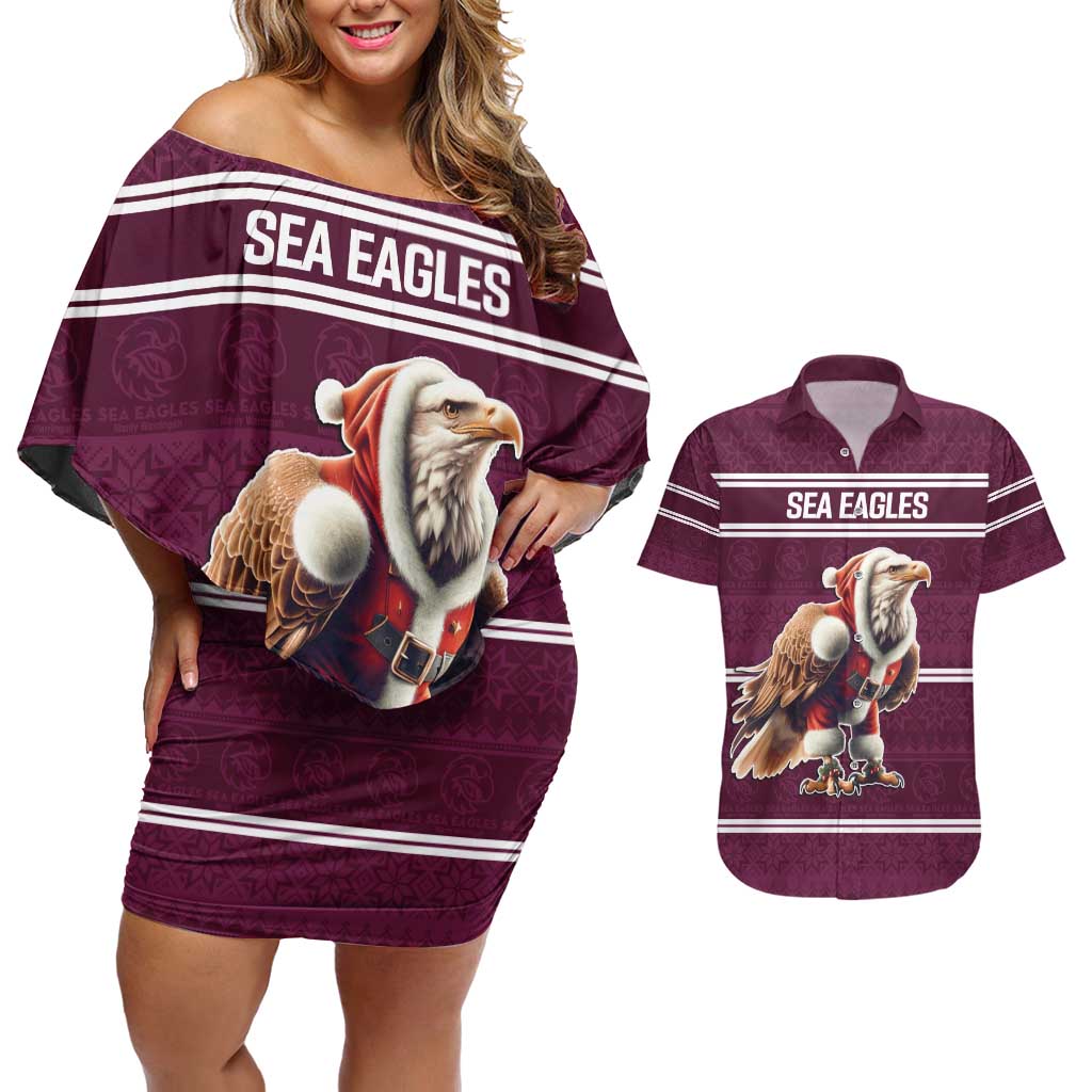 NRL Manly Warringah Christmas Personalised Couples Matching Off Shoulder Short Dress and Hawaiian Shirt with Sea Eagles Mascot