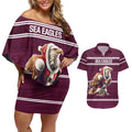 NRL Manly Warringah Christmas Personalised Couples Matching Off Shoulder Short Dress and Hawaiian Shirt with Sea Eagles Mascot