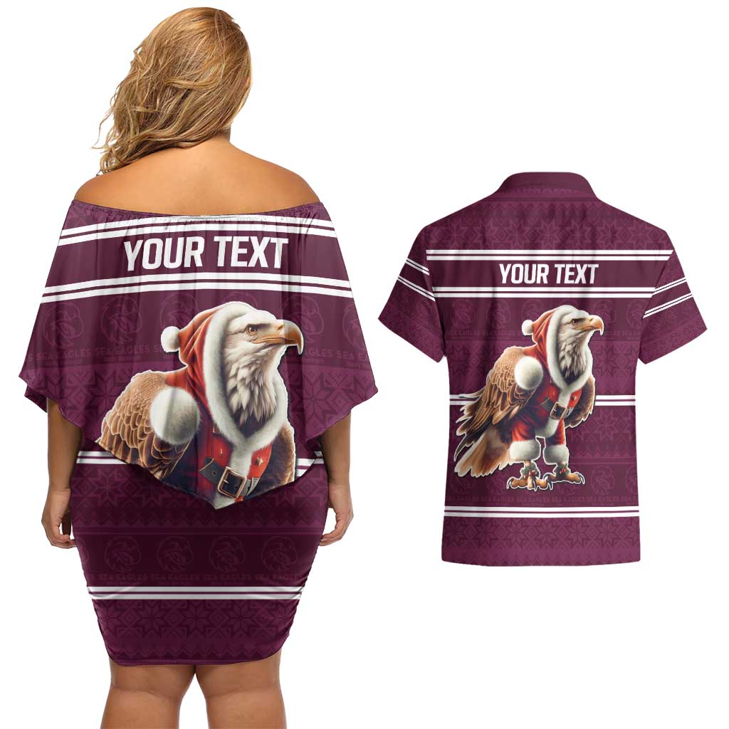NRL Manly Warringah Christmas Personalised Couples Matching Off Shoulder Short Dress and Hawaiian Shirt with Sea Eagles Mascot