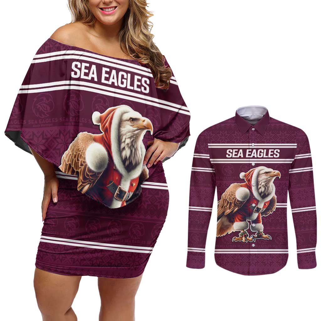 NRL Manly Warringah Christmas Personalised Couples Matching Off Shoulder Short Dress and Long Sleeve Button Shirt with Sea Eagles Mascot