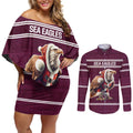 NRL Manly Warringah Christmas Personalised Couples Matching Off Shoulder Short Dress and Long Sleeve Button Shirt with Sea Eagles Mascot