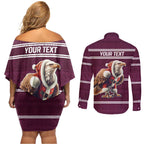 NRL Manly Warringah Christmas Personalised Couples Matching Off Shoulder Short Dress and Long Sleeve Button Shirt with Sea Eagles Mascot