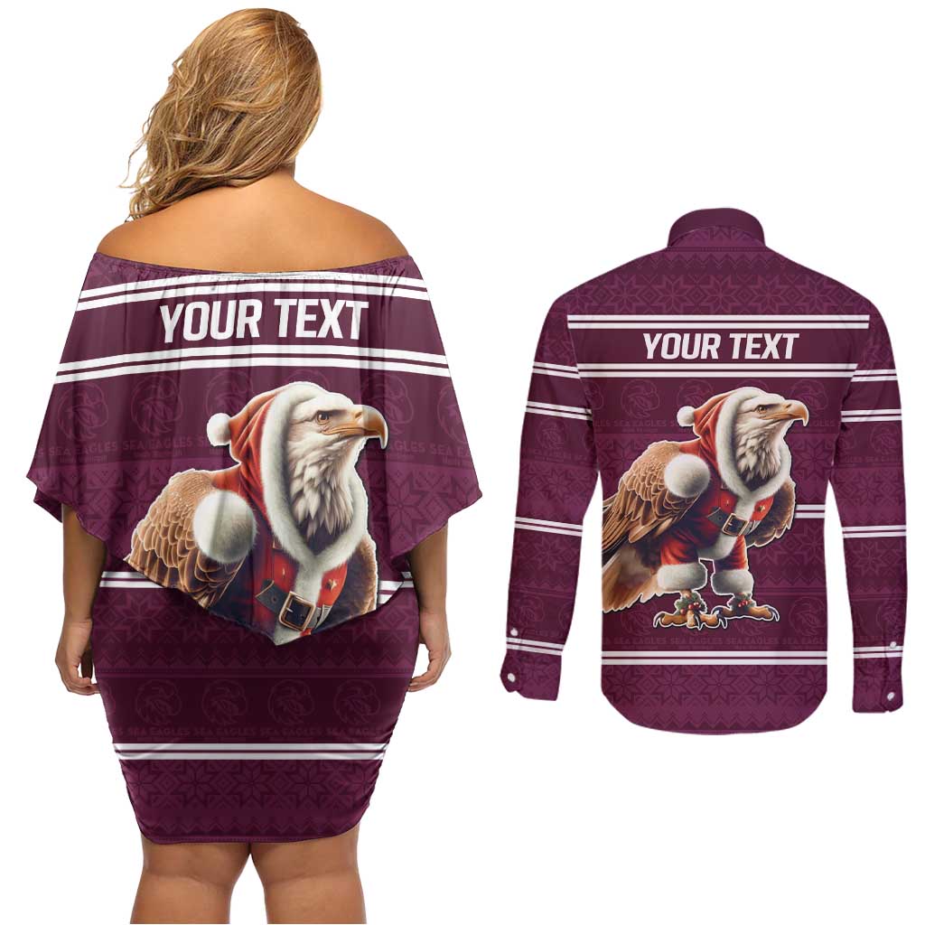 NRL Manly Warringah Christmas Personalised Couples Matching Off Shoulder Short Dress and Long Sleeve Button Shirt with Sea Eagles Mascot