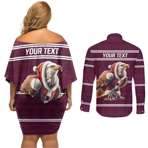 NRL Manly Warringah Christmas Personalised Couples Matching Off Shoulder Short Dress and Long Sleeve Button Shirt with Sea Eagles Mascot