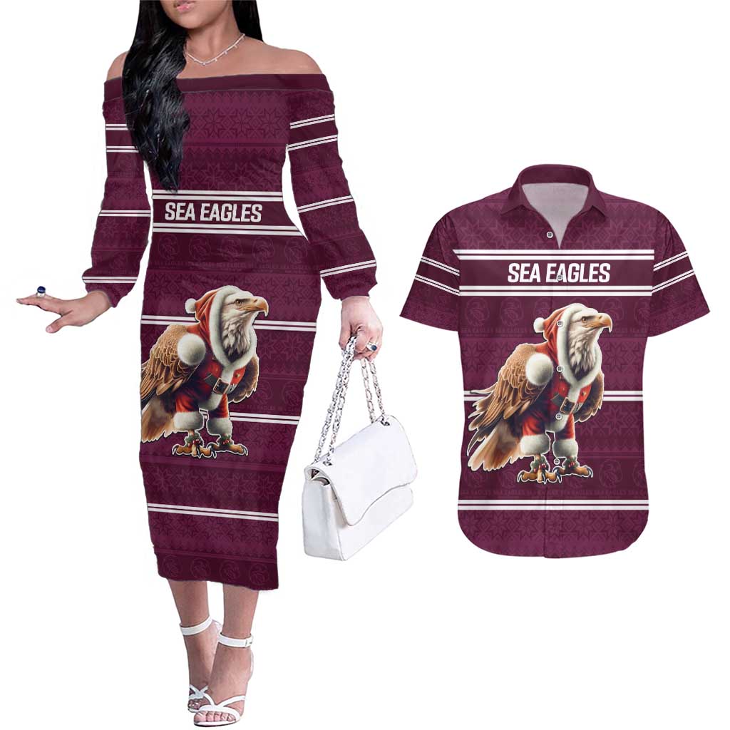 NRL Manly Warringah Christmas Personalised Couples Matching Off The Shoulder Long Sleeve Dress and Hawaiian Shirt with Sea Eagles Mascot