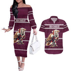 NRL Manly Warringah Christmas Personalised Couples Matching Off The Shoulder Long Sleeve Dress and Hawaiian Shirt with Sea Eagles Mascot