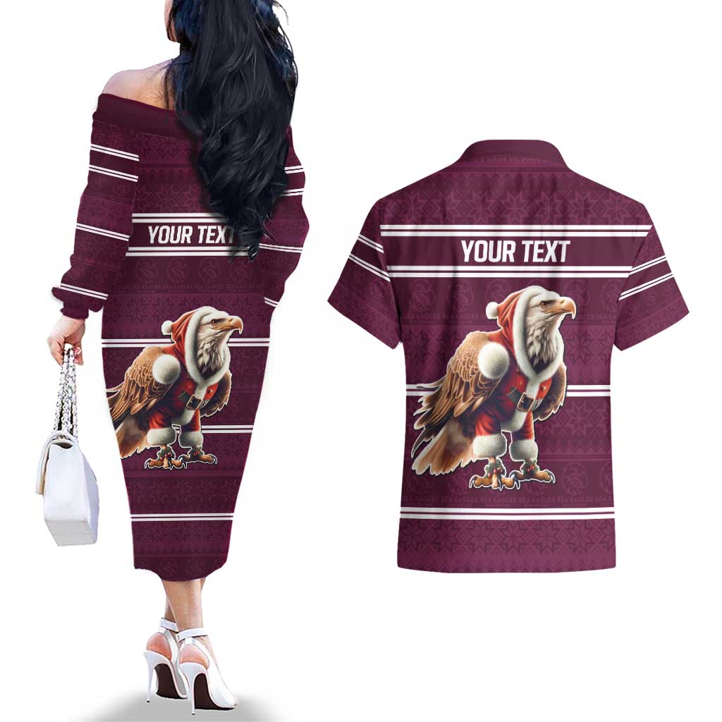 NRL Manly Warringah Christmas Personalised Couples Matching Off The Shoulder Long Sleeve Dress and Hawaiian Shirt with Sea Eagles Mascot