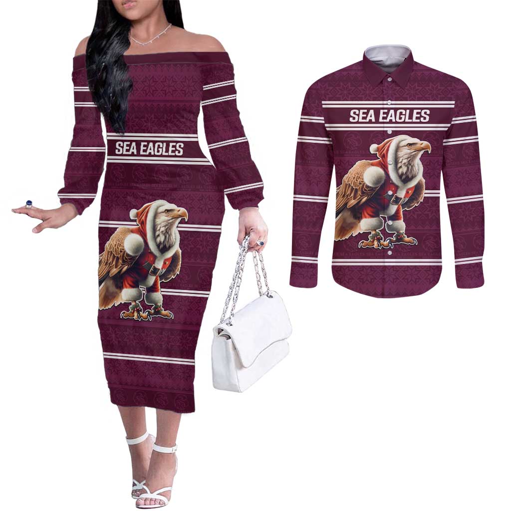 NRL Manly Warringah Christmas Personalised Couples Matching Off The Shoulder Long Sleeve Dress and Long Sleeve Button Shirt with Sea Eagles Mascot