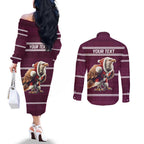 NRL Manly Warringah Christmas Personalised Couples Matching Off The Shoulder Long Sleeve Dress and Long Sleeve Button Shirt with Sea Eagles Mascot