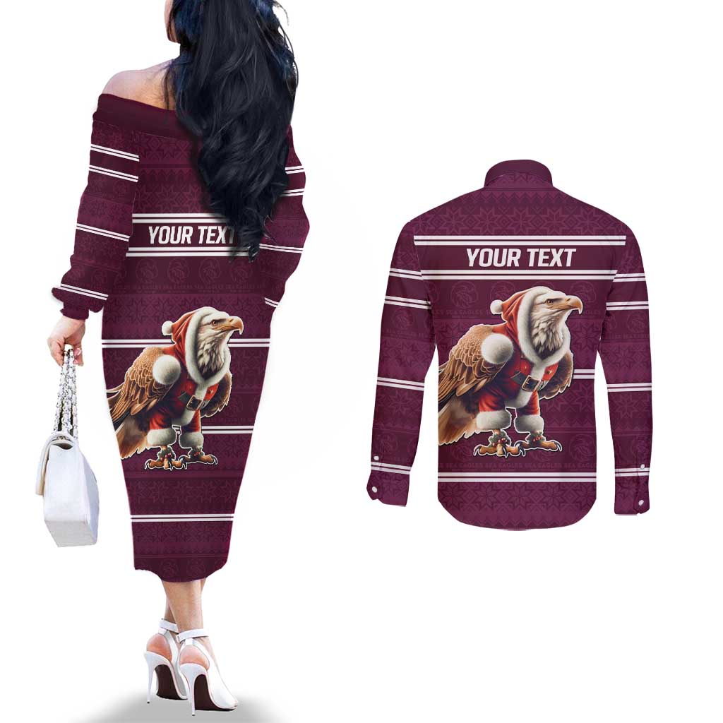 NRL Manly Warringah Christmas Personalised Couples Matching Off The Shoulder Long Sleeve Dress and Long Sleeve Button Shirt with Sea Eagles Mascot