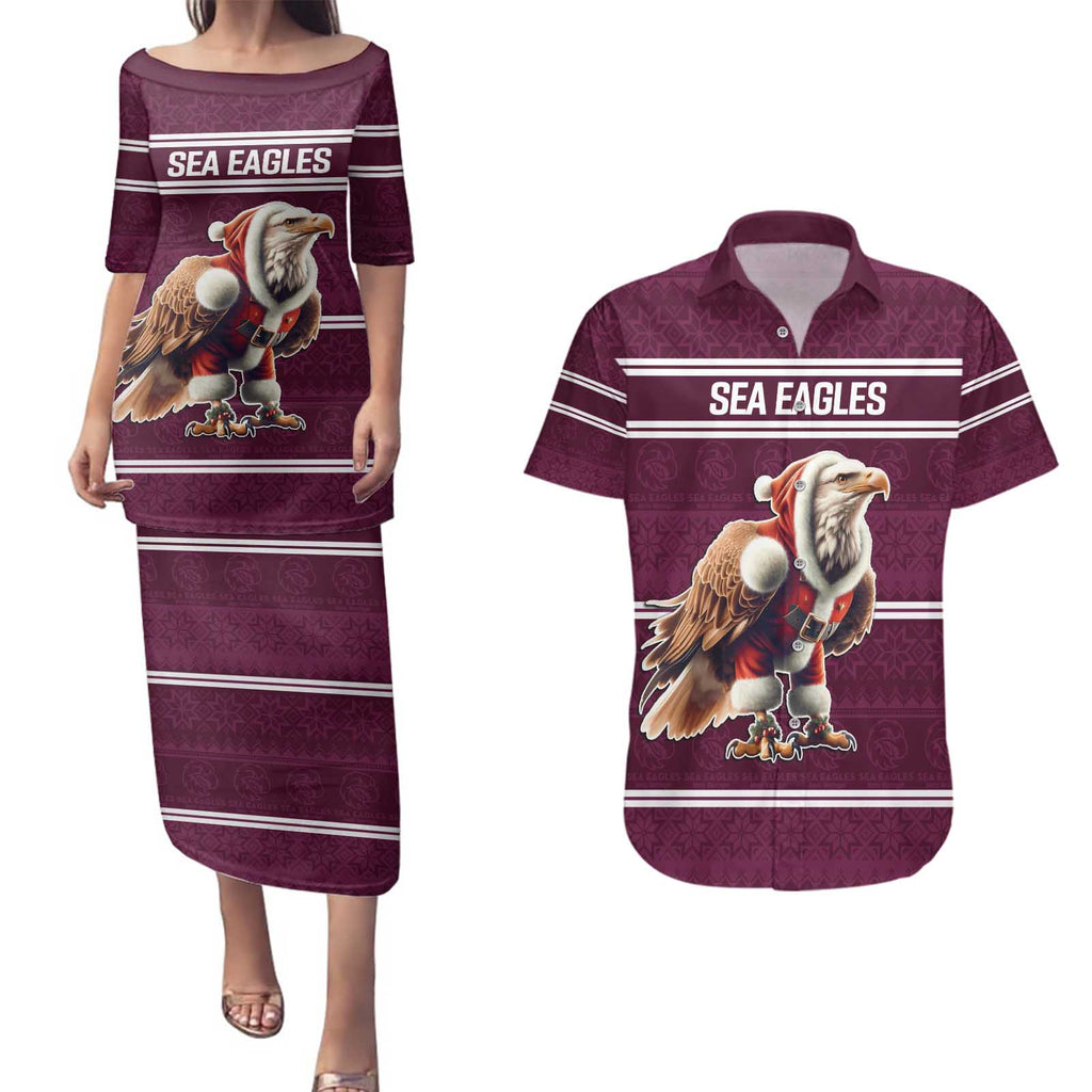 NRL Manly Warringah Christmas Personalised Couples Matching Puletasi and Hawaiian Shirt with Sea Eagles Mascot