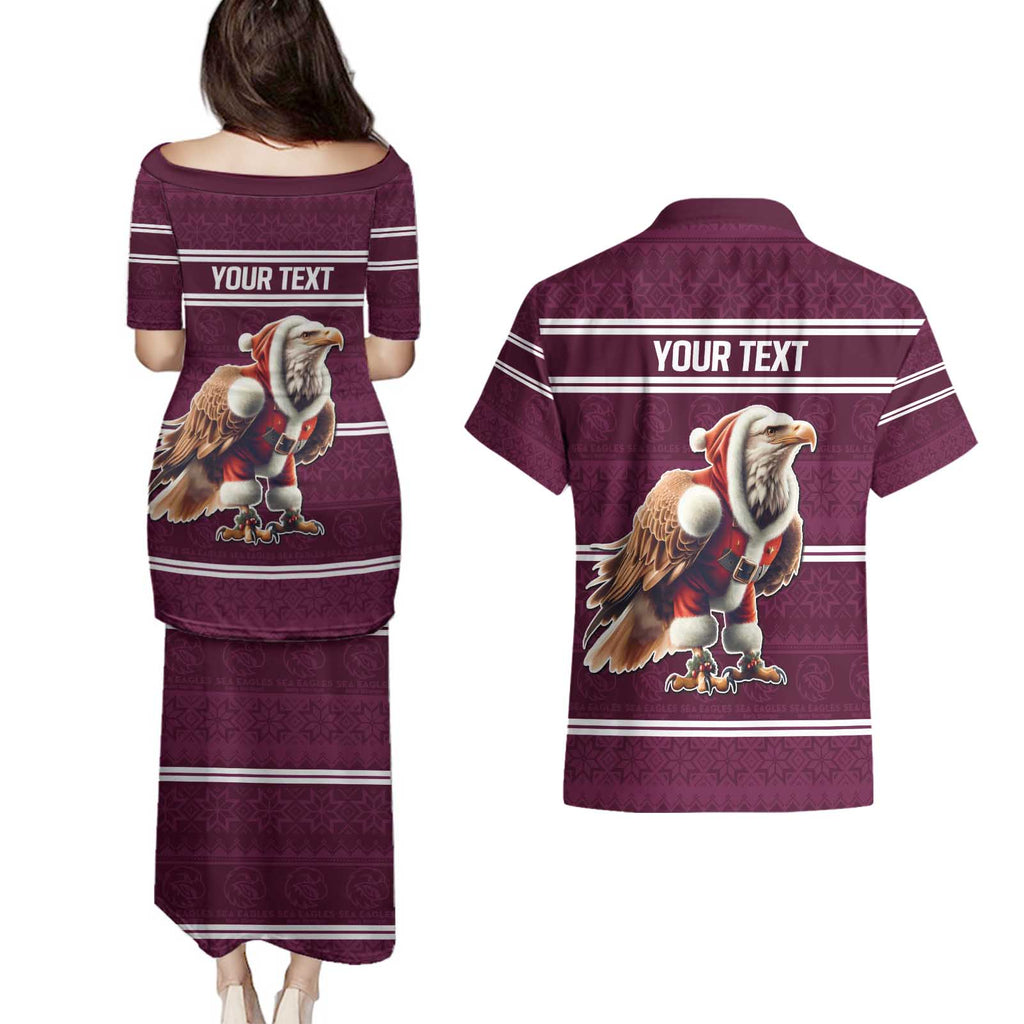 NRL Manly Warringah Christmas Personalised Couples Matching Puletasi and Hawaiian Shirt with Sea Eagles Mascot