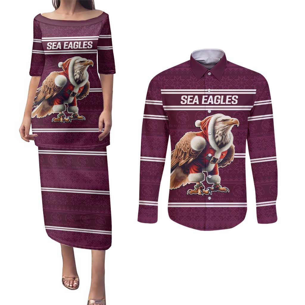NRL Manly Warringah Christmas Personalised Couples Matching Puletasi and Long Sleeve Button Shirt with Sea Eagles Mascot