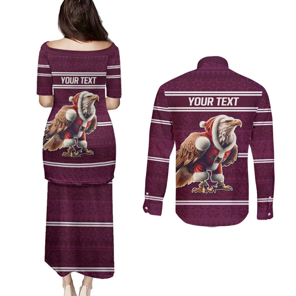 NRL Manly Warringah Christmas Personalised Couples Matching Puletasi and Long Sleeve Button Shirt with Sea Eagles Mascot